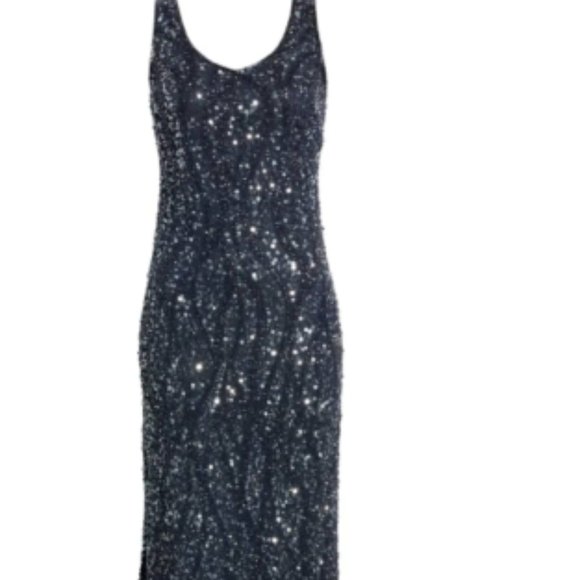 PISARRO NIGHTS  SEQUIN & BEADED SLEEVELESS NAVY  GOWN sz 4 - Picture 8 of 9